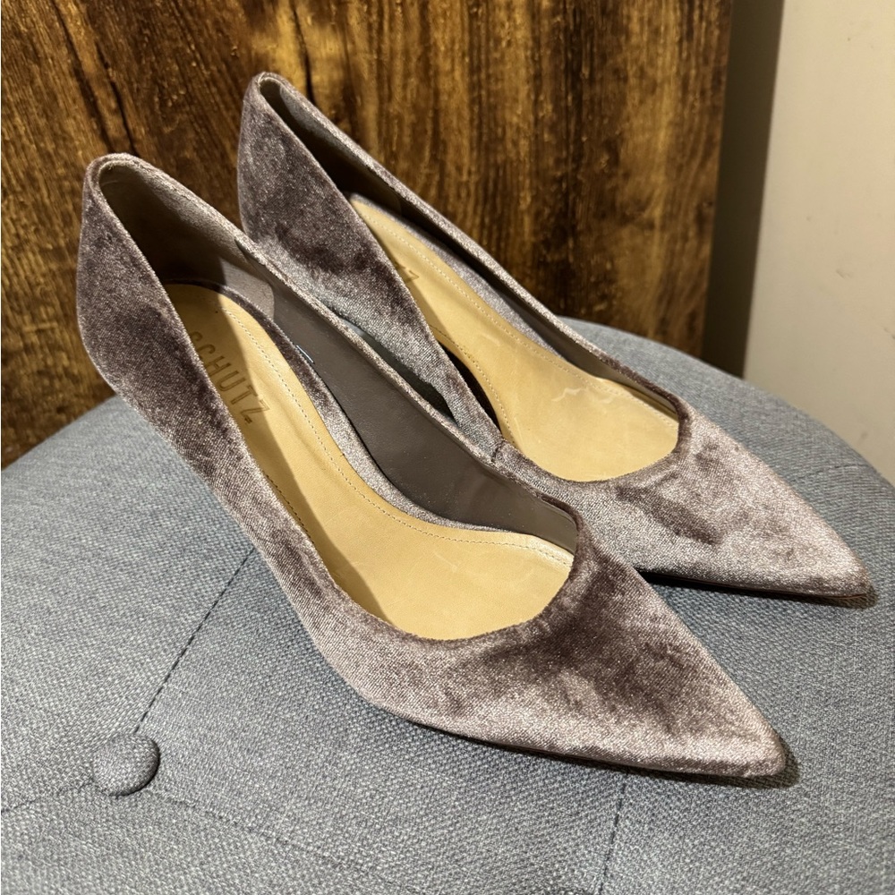 SCHUTZ Luxurious Velvet Gray Heels